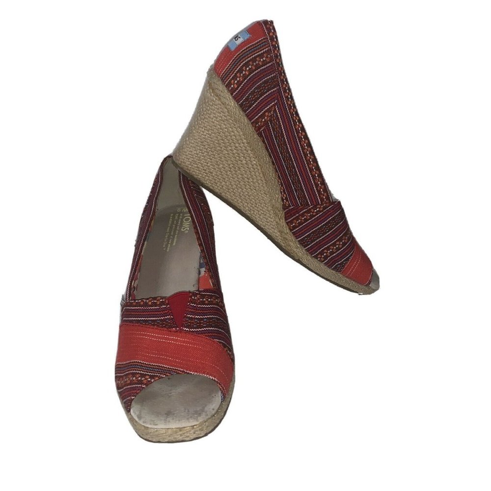Toms Espadrilles Wedge Peep Toe Lina Shoes Sz 9 Red Woven Ethnic FLAW